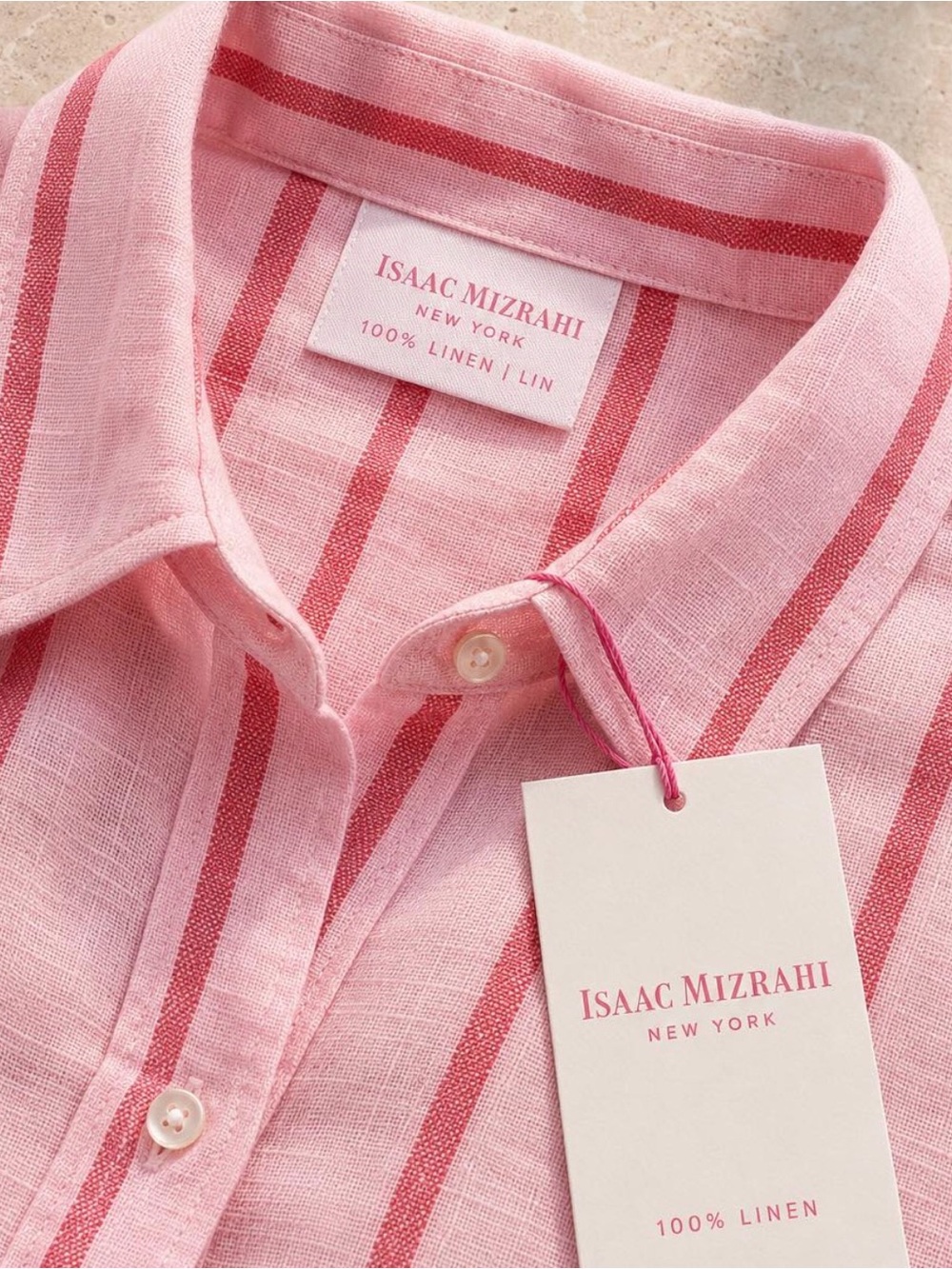 Isaac Mizrahi Pink Striped Linen Button-Down Shirt
